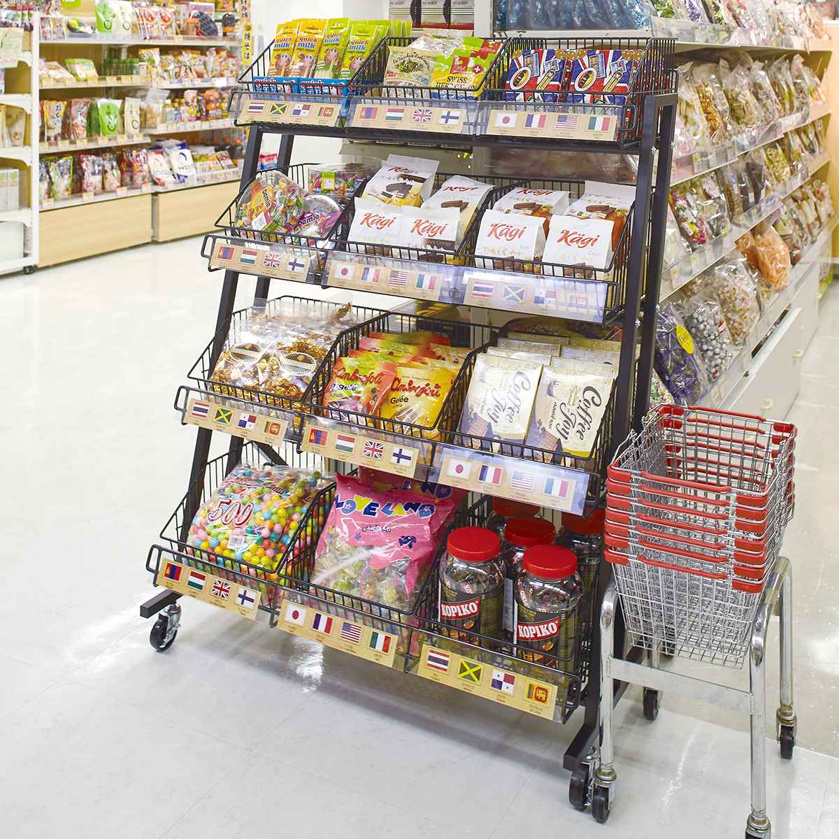 キャスター付き ジャンブルバスケット 角度傾斜可能 ディスプレイワゴン ラック 商品陳列 ショーケース システム什器