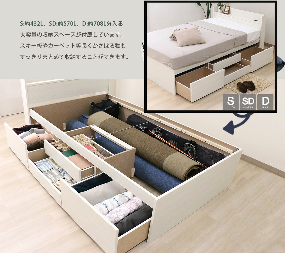 引出し収納付き ポケットコイルスプリングマットレス付き ベッド コンセント付き BED シングル セミダブル ダブル｜ヒマラヤネット～家具＆インテリア