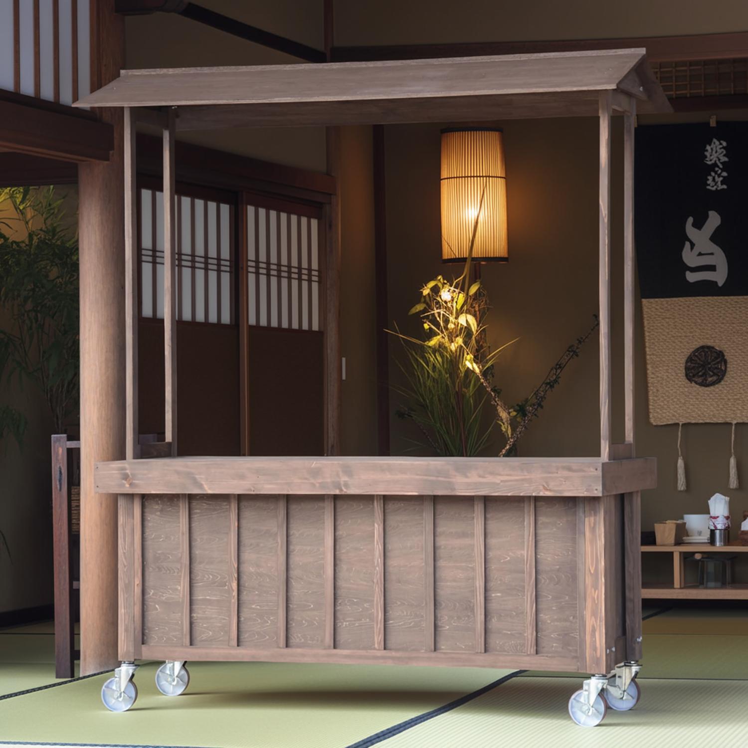 マルシェ ワゴン イベント セール 屋台 販売台 板屋根付き 木製 kkkez キャスター付き 和風 テイクアウト台 298,000円