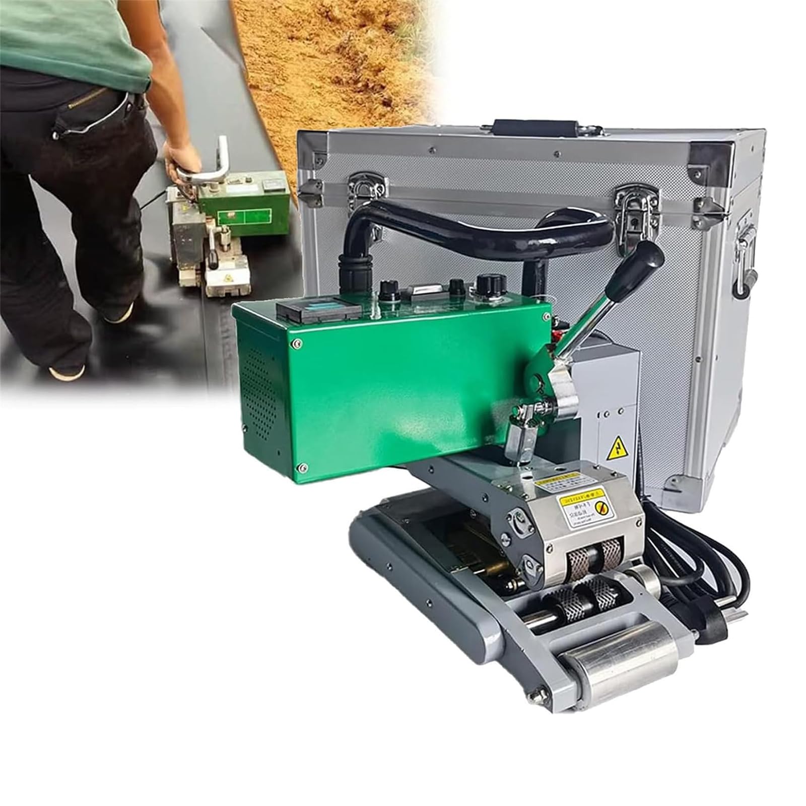 ジオメンブレン溶接機 2100W 土工膜溶着機 PE/PVC/HDPE/EVA対応 温度・速度調整可能 高速溶接0.5~5m/分 強度母材85%以上 鉄道/高速道路/水理構造物用 ホットウェッジ機 高効率作業 工事現場向け
