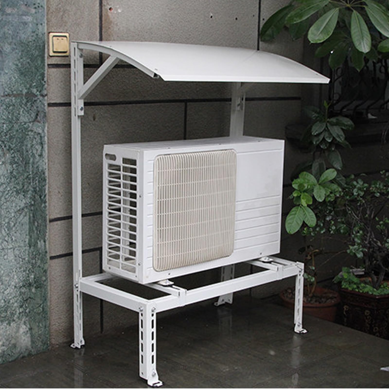 【ポイント5倍!7月限定!店舗の人気商品!】エアコン室外機カバー 雨屋根付きスタンド 1-3P対応 高さ90-120cm調整可能 亜鉛メッキ鋼板製 防振パッド付き 室外機日除け 遮熱 直射日光 雨 雪 汚れ対策 据え置き型 大型 エアコンカバースタンド｜ヒマリショップ