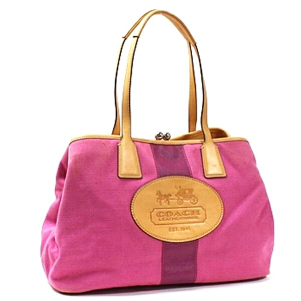 コーチ トートバッグ がま口 肩掛け キャンバス×レザー ピンク 中古 ABランク COACH ｜レディース 女性 通勤 通学【送料無料】
