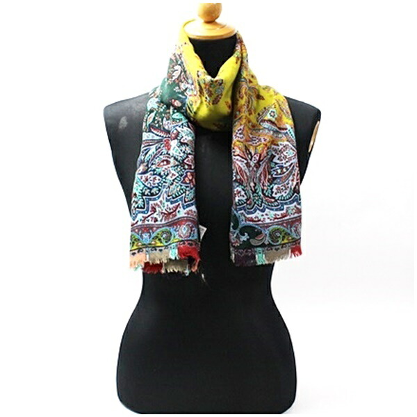 エトロ ウール シルク 長方形ストール スカーフ グリーン×マルチカラー 中古 ABランク ETRO ｜レディース 女性用 【ネコポス送料無料】