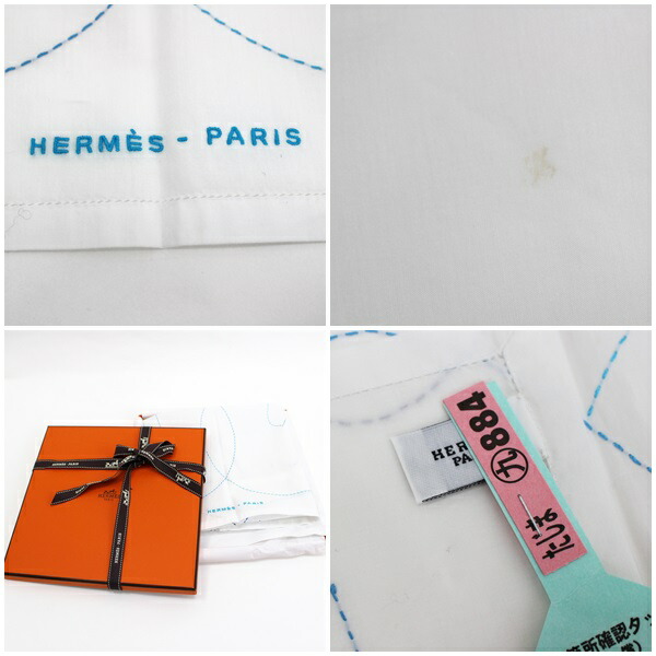エルメスハンカチーフコットンホワイト中古AランクHERMES|ブランドハンカチ刺繍汗拭き箱付き【送料無料】【クリーニング済み】