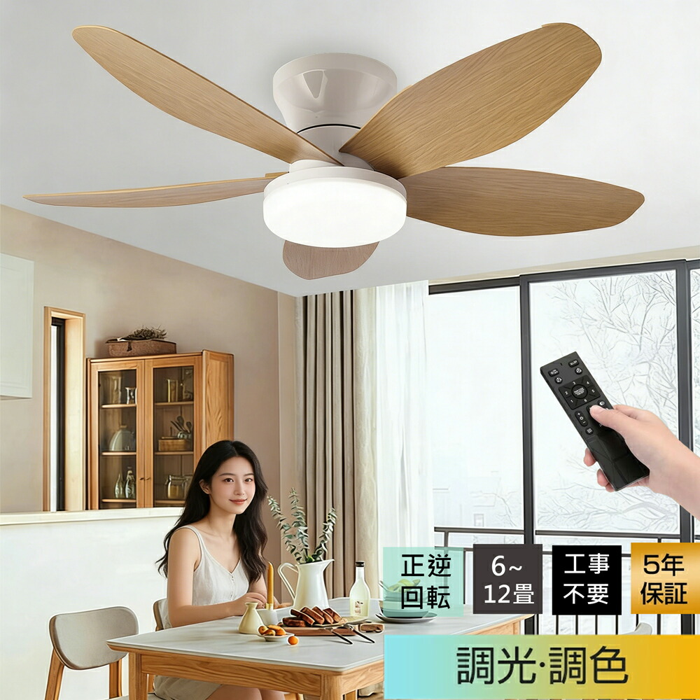 【5年保証★冬夏両用】シーリングファン LED シーリングファンライト 正逆回転 扇風機 調光調色 6段階風量調節 空気循環 静音 DC モーター リモコン \u0026 アプリ対応 ファン ライト 6~12畳 北欧 照明器具 リビング 寝室 オフィス 簡単取付【冬に逆回転】