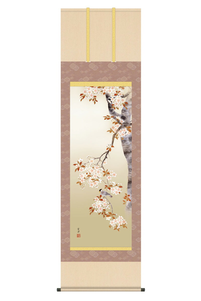 掛軸 掛け軸 花鳥画 四季花鳥揃 四季爛漫 春 単品 桜花に小鳥 洛彩緞子本表装 尺五 近藤玄洋 桐箱 【2026年度新作】 h06-snk-kz5a6-39a