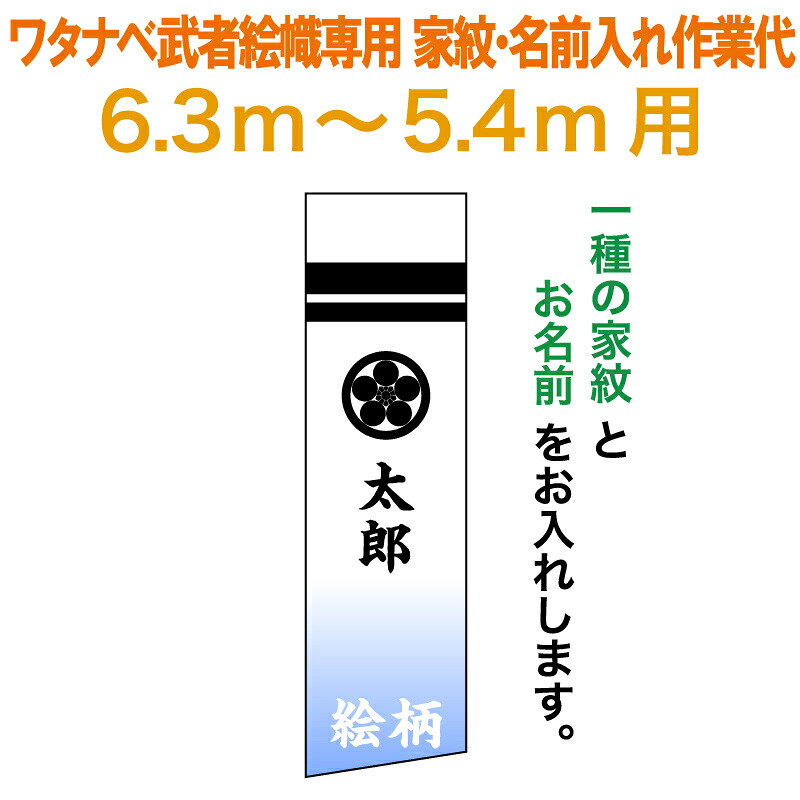 武者絵のぼり ワタナベ 武者幟 0.7×6.3m～0.7×5.4m用 家紋一種＋名前 家紋・名前入れ作業代 ワタナベ武者幟専用 【2026年度新作】 wtk-mkamons-kn