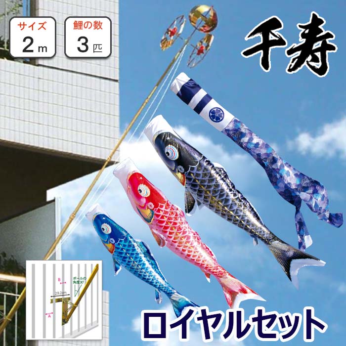 こい幟旗 回廊用 よろこびの鯉 千寿鯉 2ｍ ロイヤル書き割り 鯉3匹 徳永鯉のぼり  小型書き割り 矢車・索条・極点付 撥水工業鯉 ポリエステル立体四つ角織出どころ  日本製