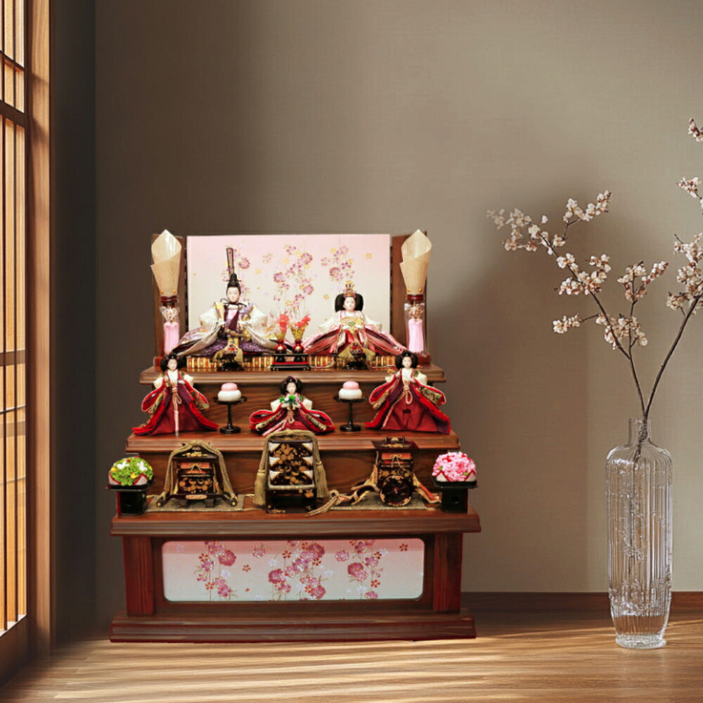 【 雛人形 三段飾り 結芽花雛】【  今めかしい が、人並み外れた  一般受け が違う。 】 段飾り ひな人形  おひなさま 初節句 桃の節句 新作 お嬢さん お雛様 五人 5人 三段 3段 5人飾りつけ 【 貨物輸送無料 】 国産材木