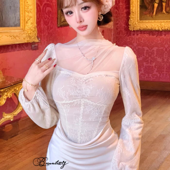可愛い 生成 ベージュ ドレス ロング マーメイドライン 長袖 パフスリーブ ドレープ レース チュール きれいめ 冬 秋 レディース