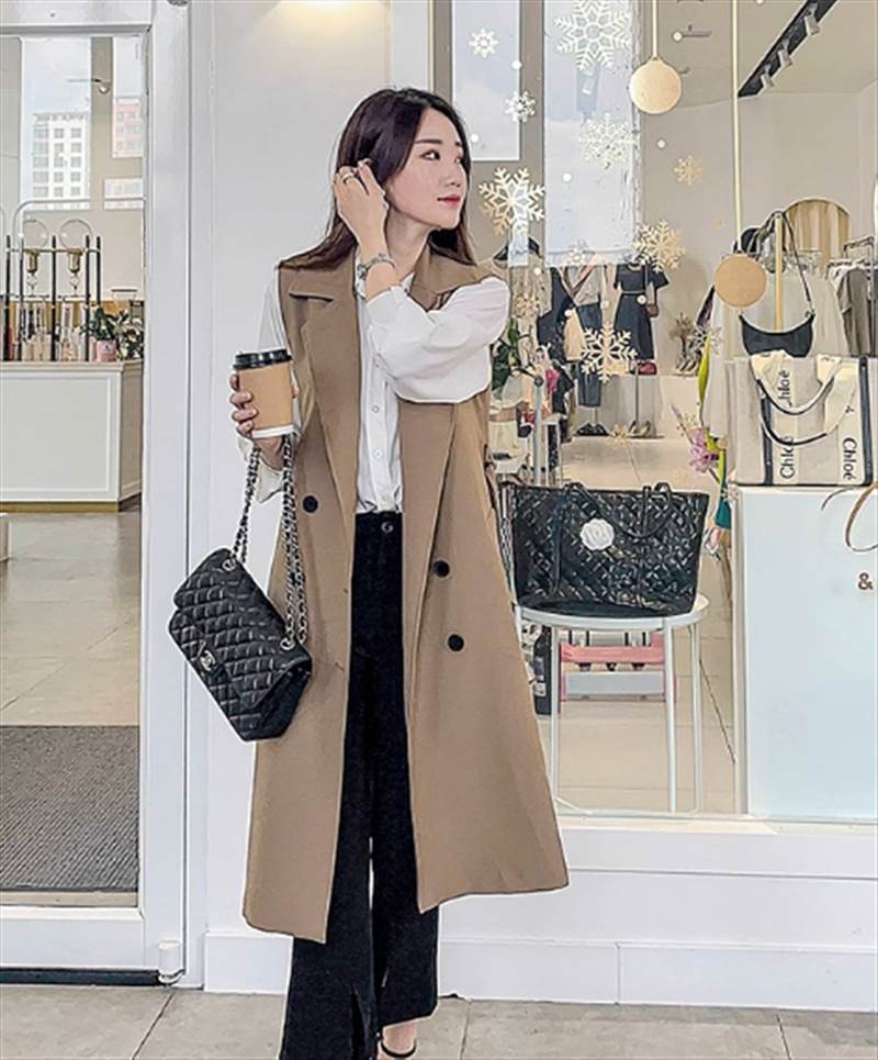 ロング限りない ロング丈 ロングジレ スリーブレスコート ダブル名取り草 切れ込みラペル 胴締め 好いたらしいめ 分かりやすい かっこ良い レディースファッション-トップス-ベスト・ジレ