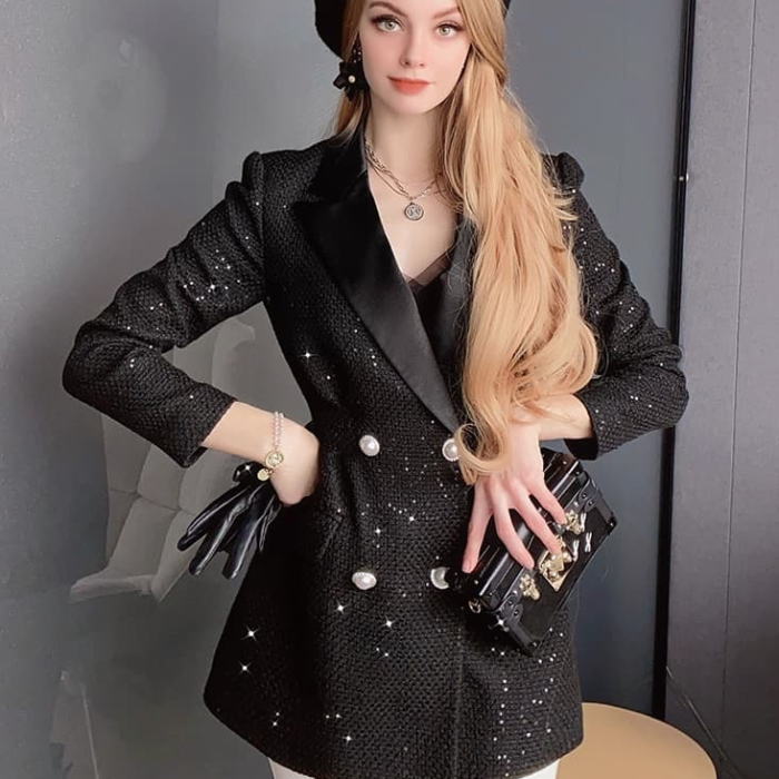 着 きれいめ オシャレ 上品 お嬢様 アウター 黒 ブラック コート Aライン 長袖 パール ツイード スパンコール テーラードカラー｜hinata京都