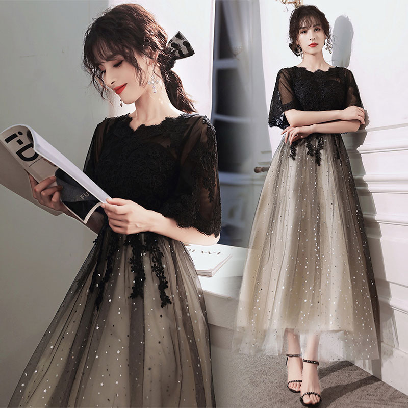 二 結婚式ドレス キレイめ オシャレ ドレス グラデーション チュール レース ブラック パーティードレス お呼ばれドレス 袖あり