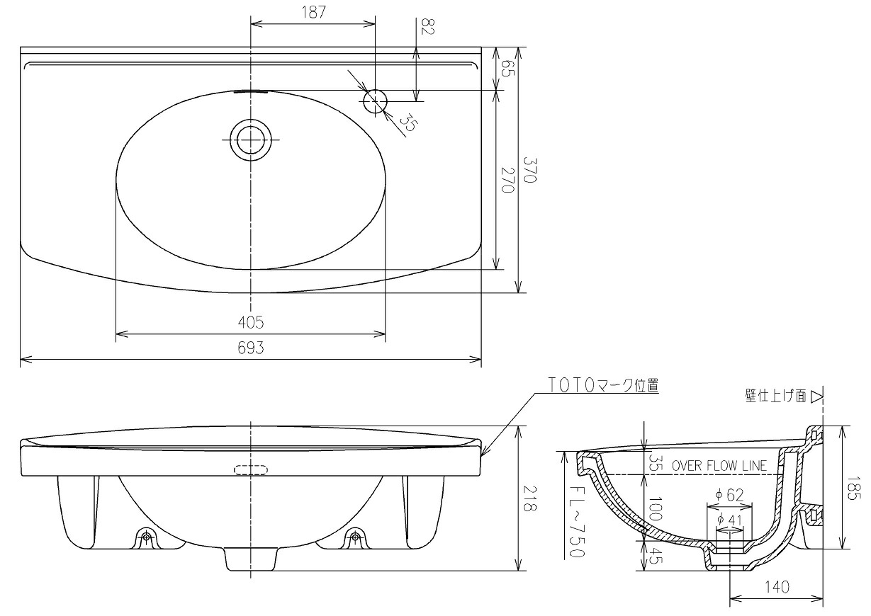 TOTO(トートー) 壁掛洗面器 ＜洗面器本体のみ＞ L270C