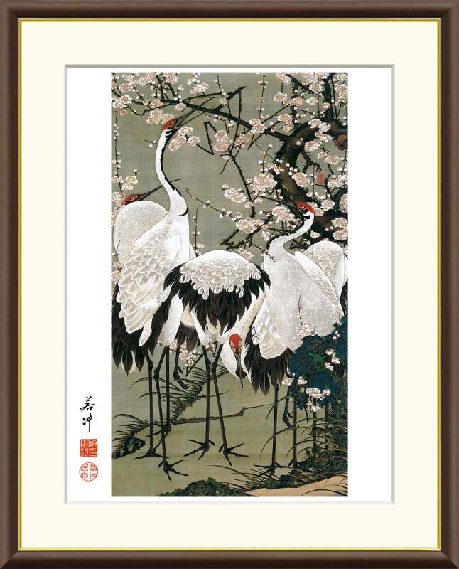 伊藤若冲作品 梅花群鶏図 F8サイズ 工芸美術画 額装作品