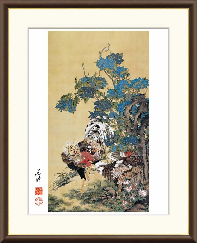 伊藤若冲作品 紫陽花双鶴図 F8サイズ 工芸美術画 額装作品