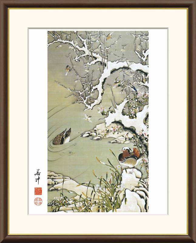 伊藤若冲作品 雪中遊禽図 F8サイズ 工芸美術画 額装作品