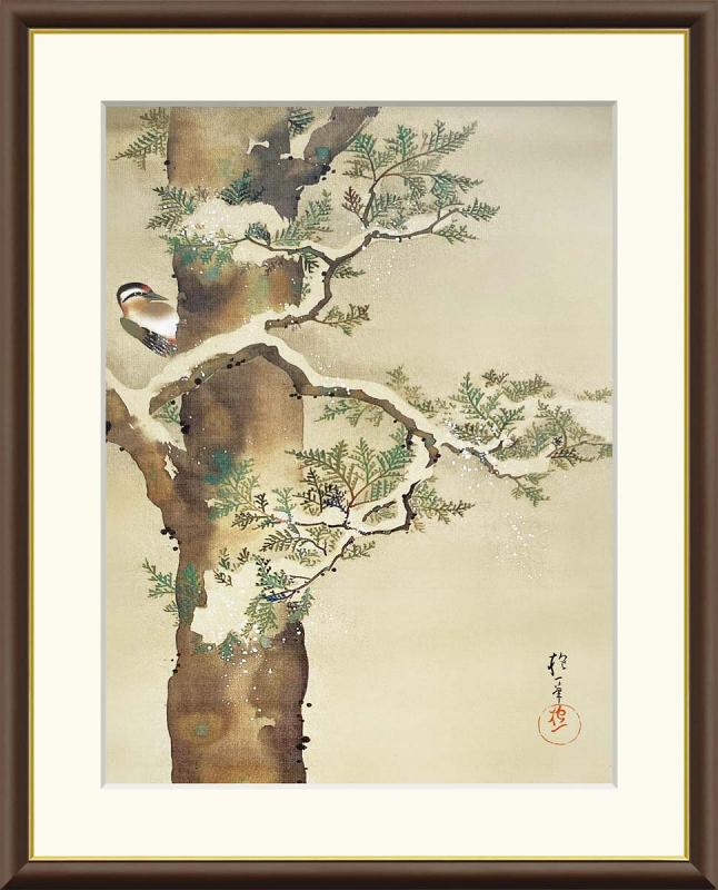 酒井抱一作品 檜に啄木鳥図 F8サイズ 工芸美術画 額装作品