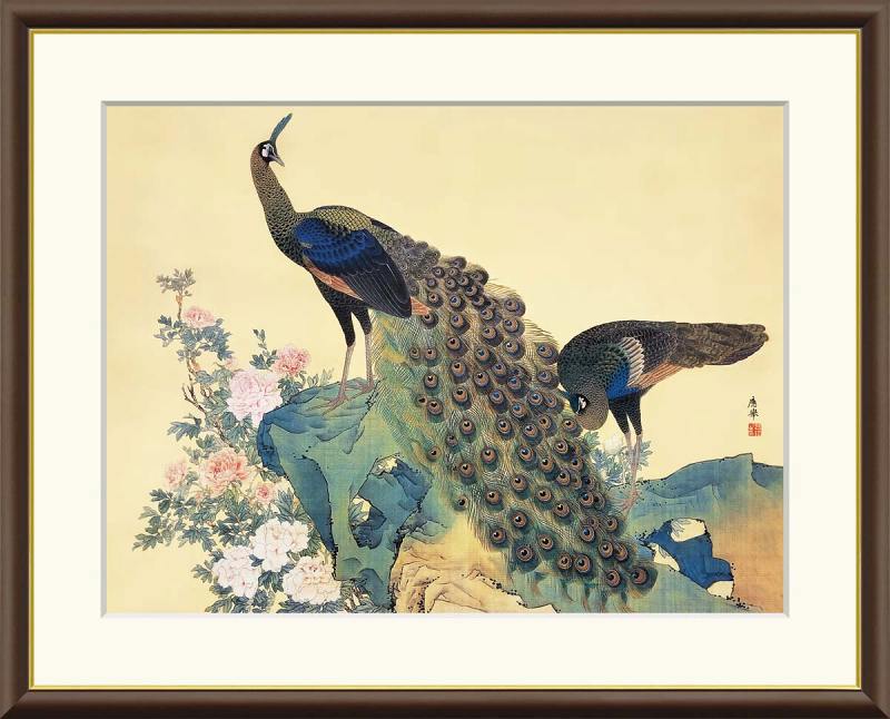 円山応挙作品 牡丹孔雀図 F8サイズ 工芸美術画 額装作品