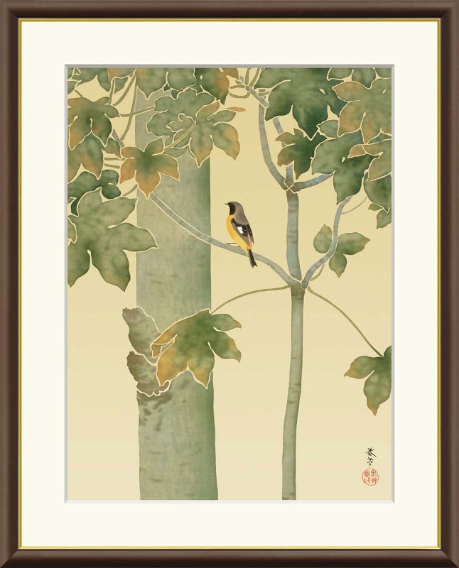 菱田春草作品 桐に小禽 F8サイズ 工芸美術画 額装作品
