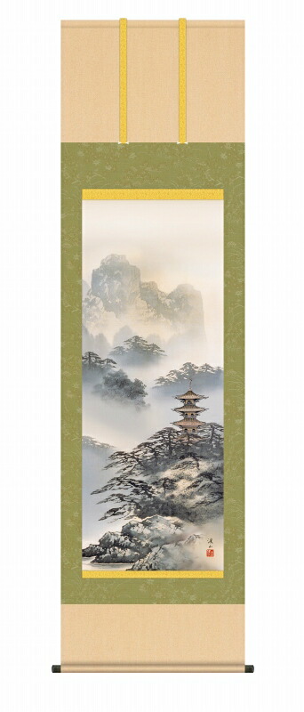 水墨山水の掛け軸 紫山塔景 年中飾りの山水画 尺五 風鎮・品質保証付 送料無料