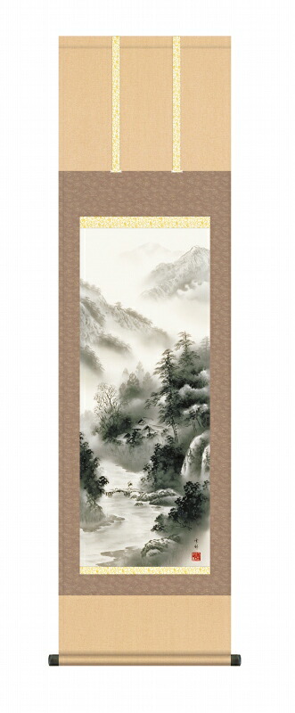 水墨山水の掛け軸 山河憧憬 年中飾りの山水画 尺三 風鎮・品質保証付 送料無料|美術工芸の檜屋