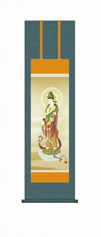 観音様の掛け軸 雲上観音 仏事画 尺三 風鎮・品質保証付 送料無料