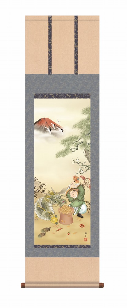 龍 辰の掛け軸 干支 龍の掛け軸 吉祥赤富士福神龍 鵜飼雄平作品 尺三 風鎮・品質保証付き 送料無料