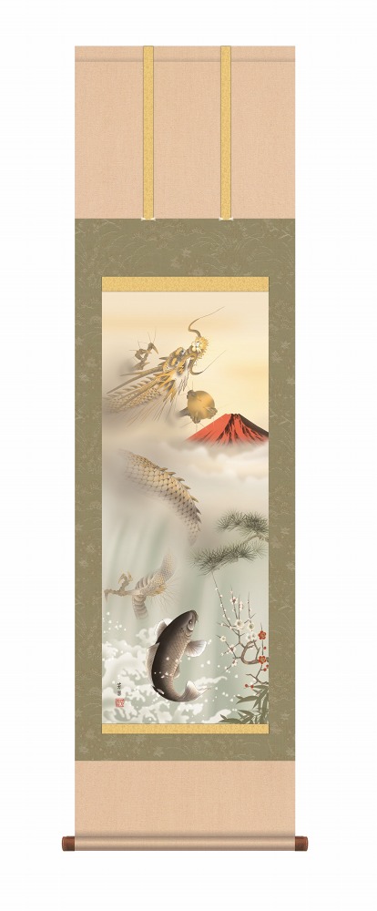 龍の掛け軸 干支 辰の掛け軸 登龍門吉祥図 石田芳園作品 尺五 風鎮・品質保証付き 送料無料｜美術工芸の檜屋