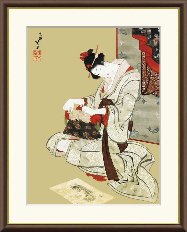 葛飾北斎作品 新年風俗図・朝化粧 F8サイズ 工芸美術画 額装作品