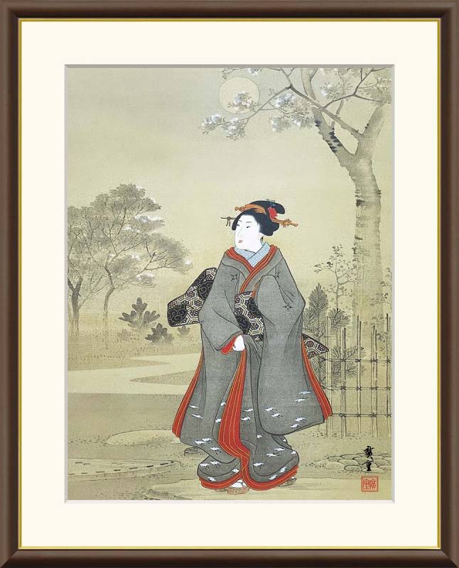 歌川広重作品 月夜観桜美人図 F8サイズ 工芸美術画 額装作品