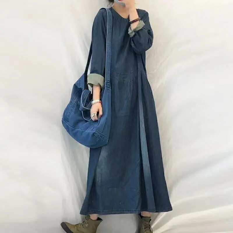 【送料無料】ロングワンピース レディース デニムワンピ 春秋 ゆったり 夏 ジーンズ デニム 可愛 大きいサイズ 通勤 カジュアル 長袖 M L XL 2XL SLWB030