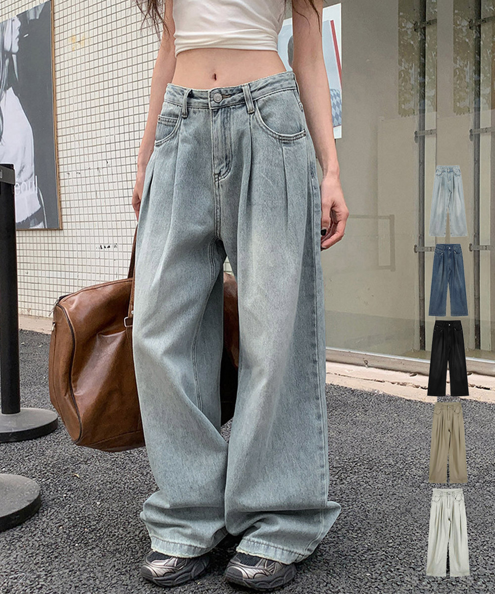 【ポイント3倍】タックワイドデニムパンツレディース韓国風 ジーパン 着やせ スーパーワイドレッグ ロングパンツ 美脚脚長ワイドパンツ ゆったりジーンズおしゃれ 20代30代40代 87BJH-001