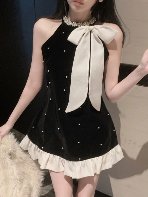 【ポイント3倍】レディース パールネック ミニ ワンピース ホルターネック フリル ドット かわいい ビッグリボン おしゃれ シック 黒 レトロ お呼ばれ ディナー ノースリーブ キャバドレス ラウンジ きれいめ 女の子 大人 華やか キラキラ 痩せ見え SML 韓国 ワンホン