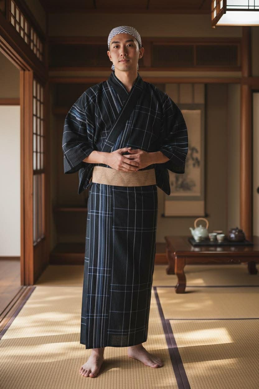 近江ちぢみ 男物浴衣仕立てもの売り上げ高 S~LL大きさ プレタ浴衣 綿麻先染め黒透かし彫り絣 成人男性用浴衣単品 本格御前上等仕立てもの