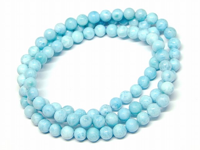66087　　ラリマー 6mm AAA ドミニカ共和国産 三重ブレスレット ネックレス 長さ59cm 鑑別済・本物保証 送料無料 天然石 パワーストーン