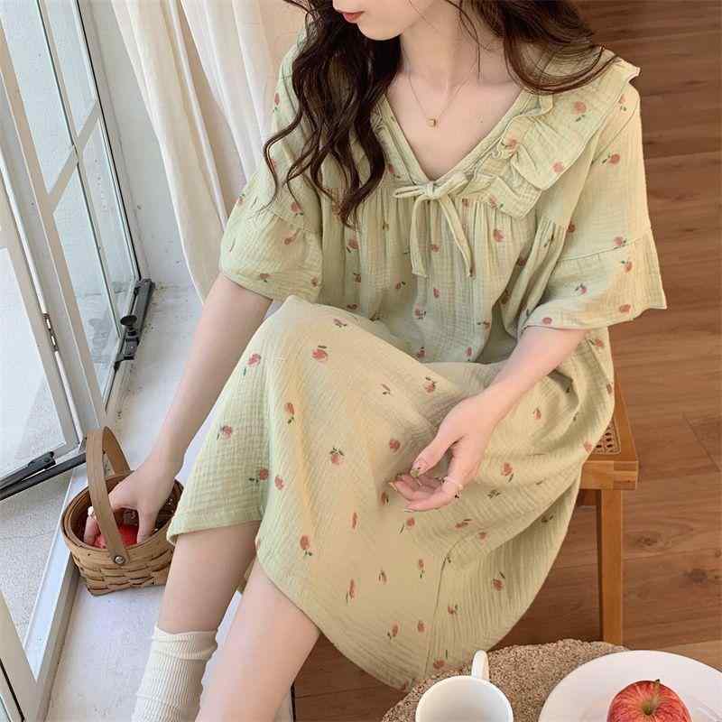 春夏 接触冷感 ルームウェア レディース ロング丈 高級感 ゆったり パジャマ ピーチ柄 Vネック サマー かわいい ワンピース