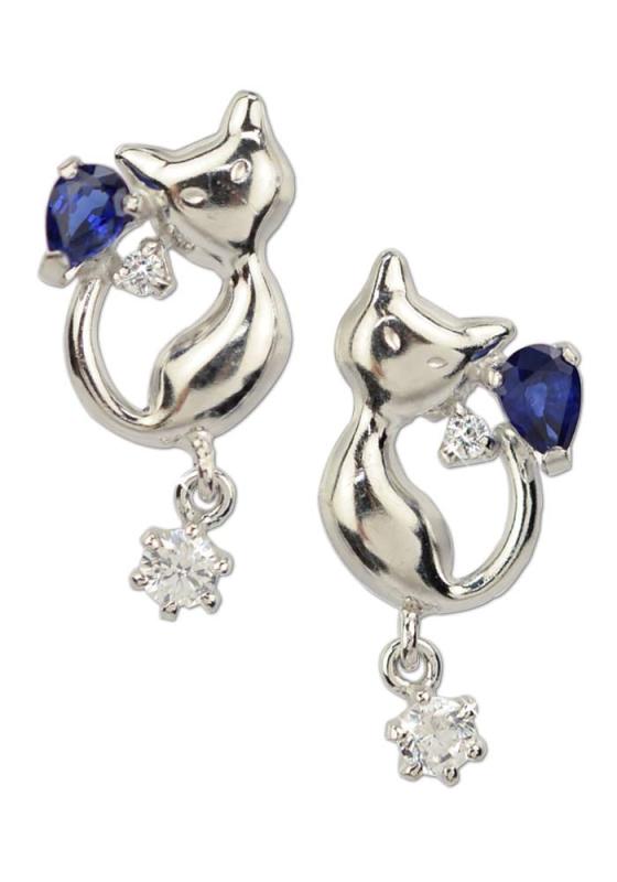 [四葉のクローバー] 14金 サファイア ジルコニア 猫ピアス 14k K14 ホワイトゴールド ネコ 猫 ピアス 9月 誕生石 レディース 女性 ：Ma161
