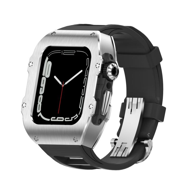 御膳上等Apple Watch用 45粍 44粍 容れもの、フルオロエラストマーバンド付き添い人、メンズ 耐衝撃性 316Lステンレス鋼スチール写真iWatch 8/7 45粍取りまかなう、高耐久Apple Watch用 6 44粍防御すること容れもの
