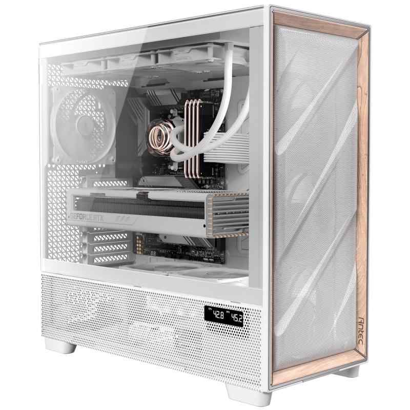 Antec Flux Pro、PWMファン6個付属、高風量フロントパネル、ウォールナット材。