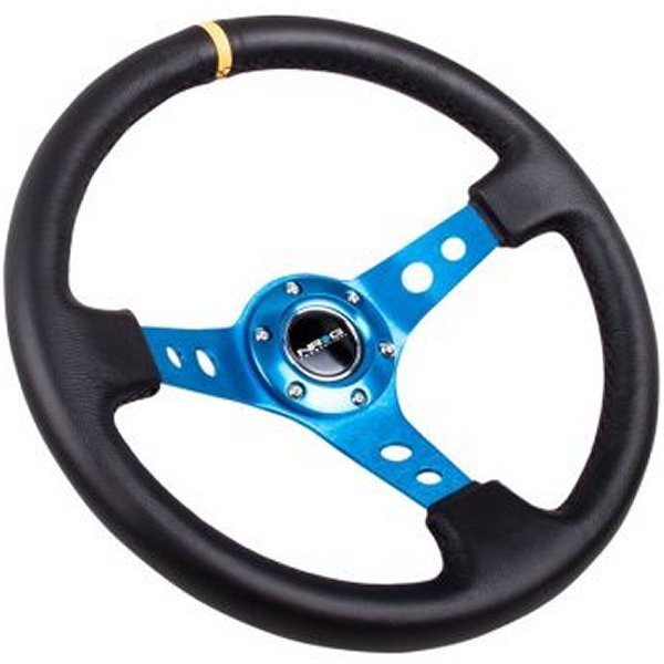 【USA在庫あり】 NRG Reinforced ステアリングホイール (350mm / 3in. Deep) Blk Leather w/Blue Cutout Spoke & Single Yellow CM nrgRST-006BL-Y HD店