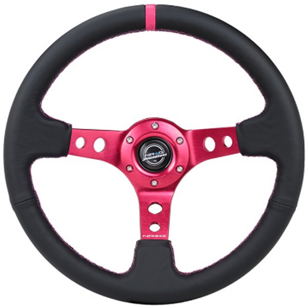 【USA在庫あり】 NRG Reinforced ステアリングホイール (350mm/3in. Deep) ブラック Leather/ Fushia Center Mark/ Fushia Stitching nrgRST-006FH HD店