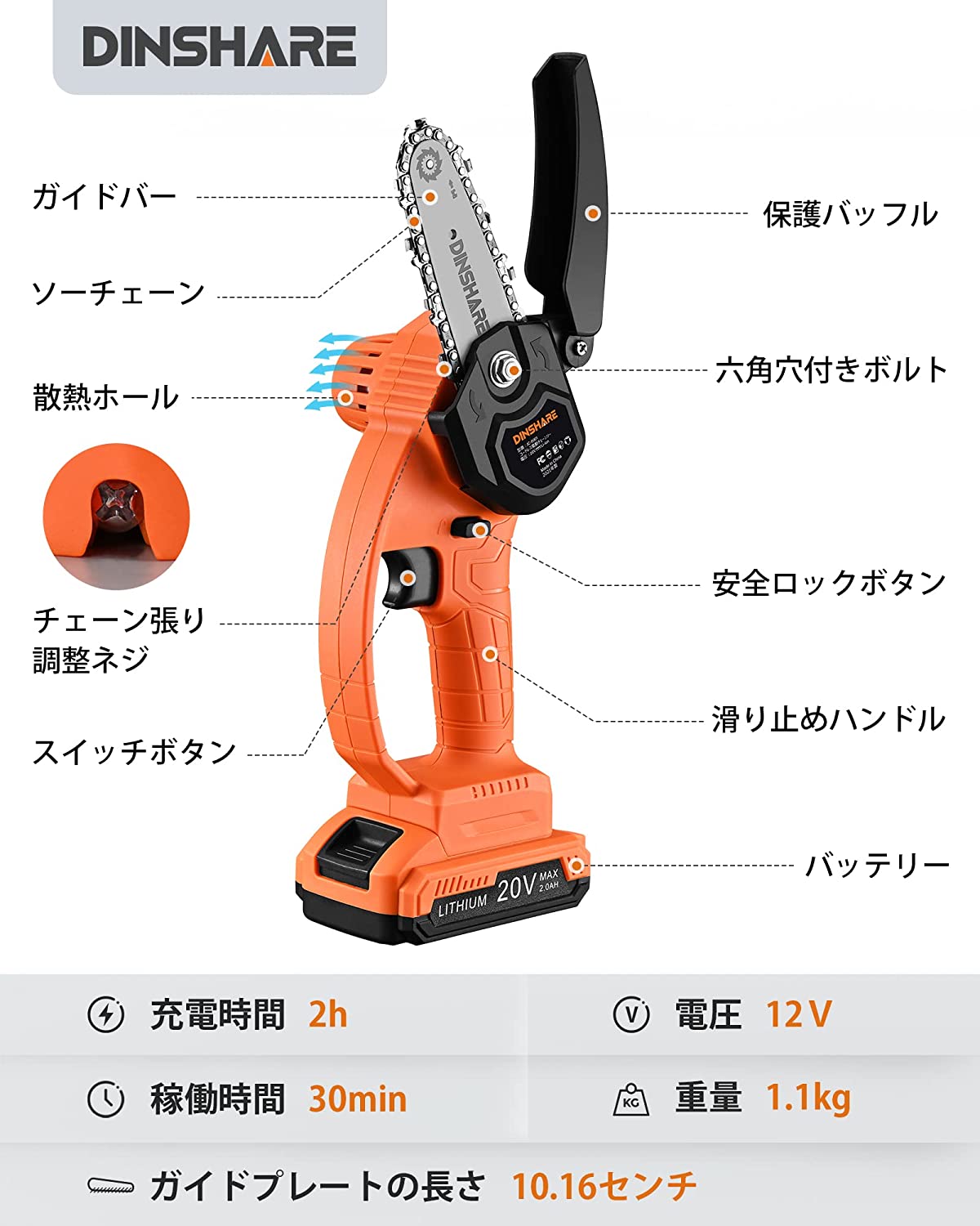 誠実 チェーンソー 電動 充電式 小型 バッテリ一付 切断 伐採 DIY 大型