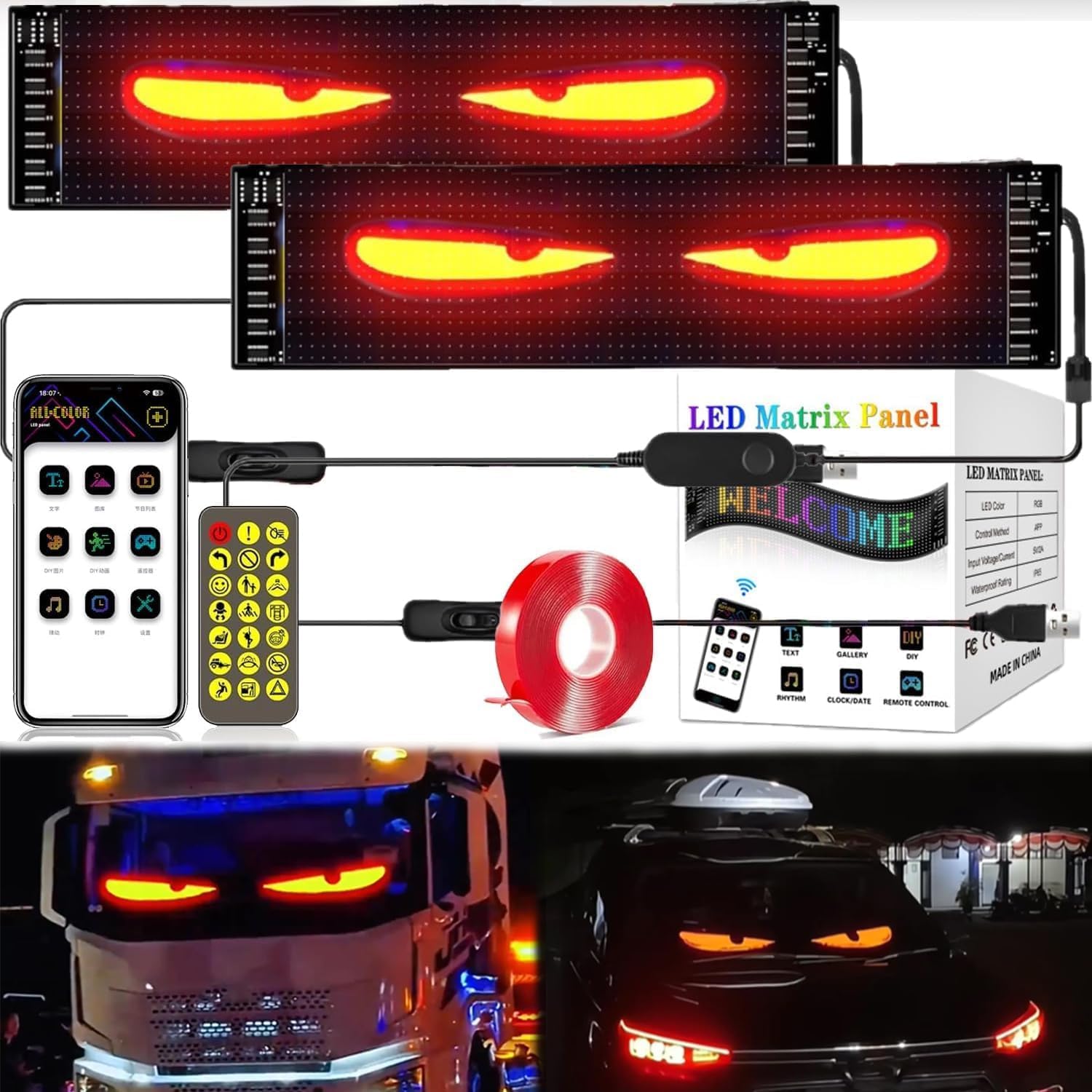 「季節のくらし」・8%off」『1位』デビルアイ led ライト 車 スクリーン トラック DIYテキストパターンダイナミックLEDスマートカラフルアイランプソフトスクリーン、車トラック窓用アプリコントロール付き、LED表示画面、ledテープライト