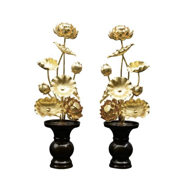 常花 仏具 仏壇用金の花 蓮の花 常花蓮華 金蓮華 6号9本立て 軽合金 金色 1対 蓮の花 仏具 仏壇用 お供え 飾り 仏花 アルミ製｜仏壇・位牌・神棚 ひるた仏具店