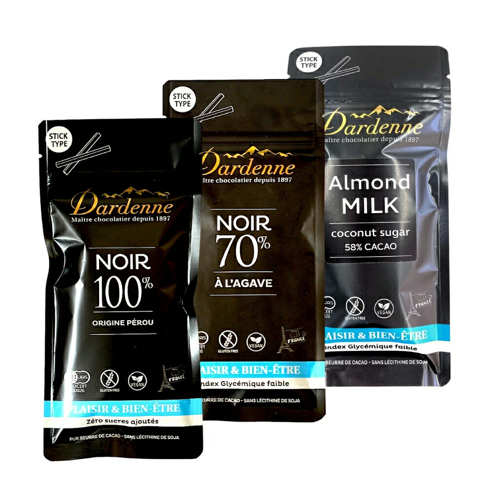 ダーデン 有機チョコレート スティック カカオ 100% [48g]、カカオ 70％ [62g]、有機ココシュガーチョコレート アーモンドミルク スティック カカオ 58％ [48g] 乳化剤不使用 有機JAS認証 ダークチョコ アルマテラ｜ＨＩＲＹＵ 8,288円