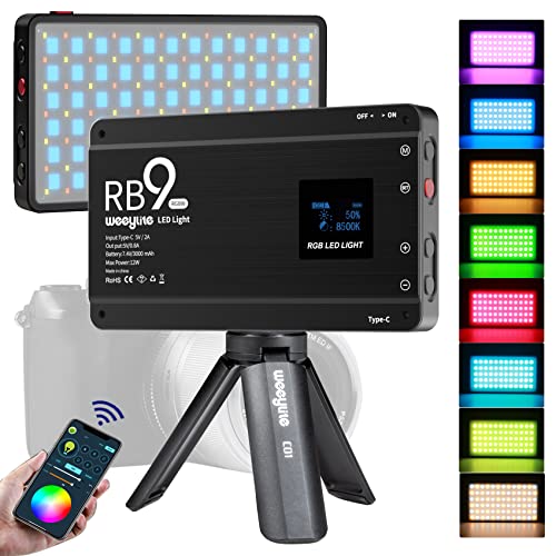Weeylite RB9 RGB LED撮影ライト 三脚付き 12W ビデオライト 2500-8500K CRI 95+ アプリ制御 USB充電式 LED 携帯用 写真照明 ビデオ録音 360&deg;フルカラー ポータブル カメラライト パネル ビデオ会議 に適用YouTube TikTok｜Historia　店 10,741円