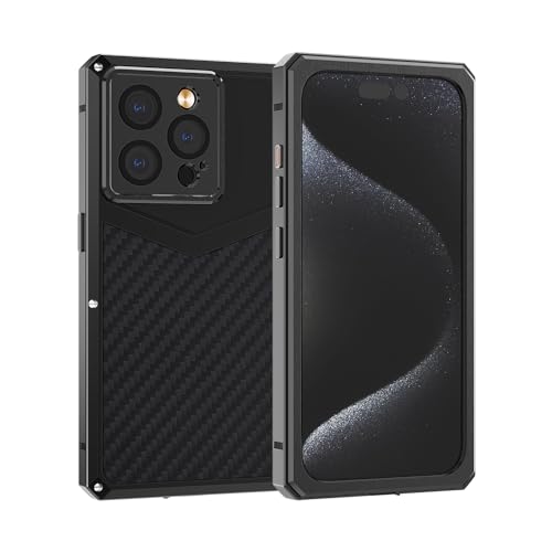 HUALIMEI iPhone 15 Pro 用 ケース 耐衝撃 炭素繊維 + 頑丈金属 かっこいい アルミバンパー 二重構造 米軍MIL規格 強化ガラス 全面保護カバー 擦り傷防止 滑り止め耐久 アイフォン 15Pro (15 Pro, 黒)