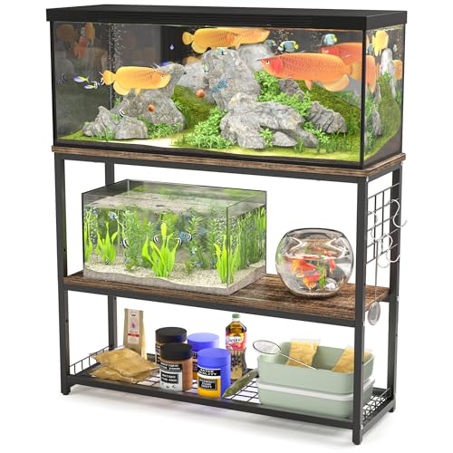 DEWEL 水槽台 幅90cm 水槽棚 水槽スタンド 90cm水槽用 組立式水槽台 ラック ウッドデコスタンド 三段式 中棚板高さ調整 フック付き 総耐荷重約120kg 頑丈 錆びにくい シェルフ アジャスター付き 奥行き30cm×高さ70cm (木目調)