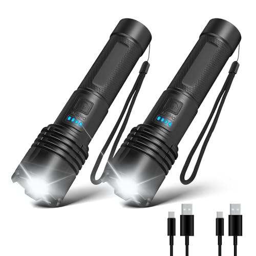 懐中電灯 led 強力 軍用 最強 超高輝度 20000ルンメー ledライト 3種点灯モード フラッシュライト 充電式 IP45防水規格 タクティカルライト ズーム機能 耐衝撃 防災 停電 緊急時 キャンプ 登山 夜釣り 夜間訓練用 内蔵バッテリー（2個パック）